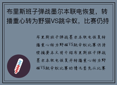 布里斯班子弹战墨尔本联电恢复，转播重心转为野猫VS跳伞蚁，比赛仍持续